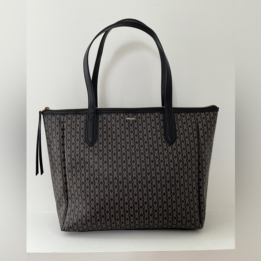 FOSSIL Sydney Signature Tote Double Handle Zip Top PVC Brown Black SHB2816